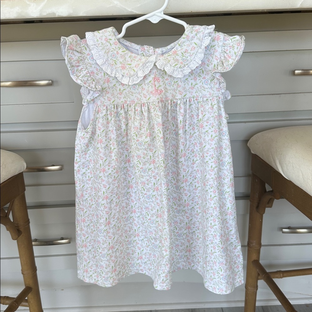 White Floral Dress with Ruffle Collar; Cecil & Lou “L” monogram